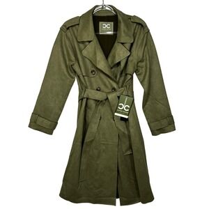 Culture Couture Trench Coat Womens L Green New Faux Suede Double Breasted Belted